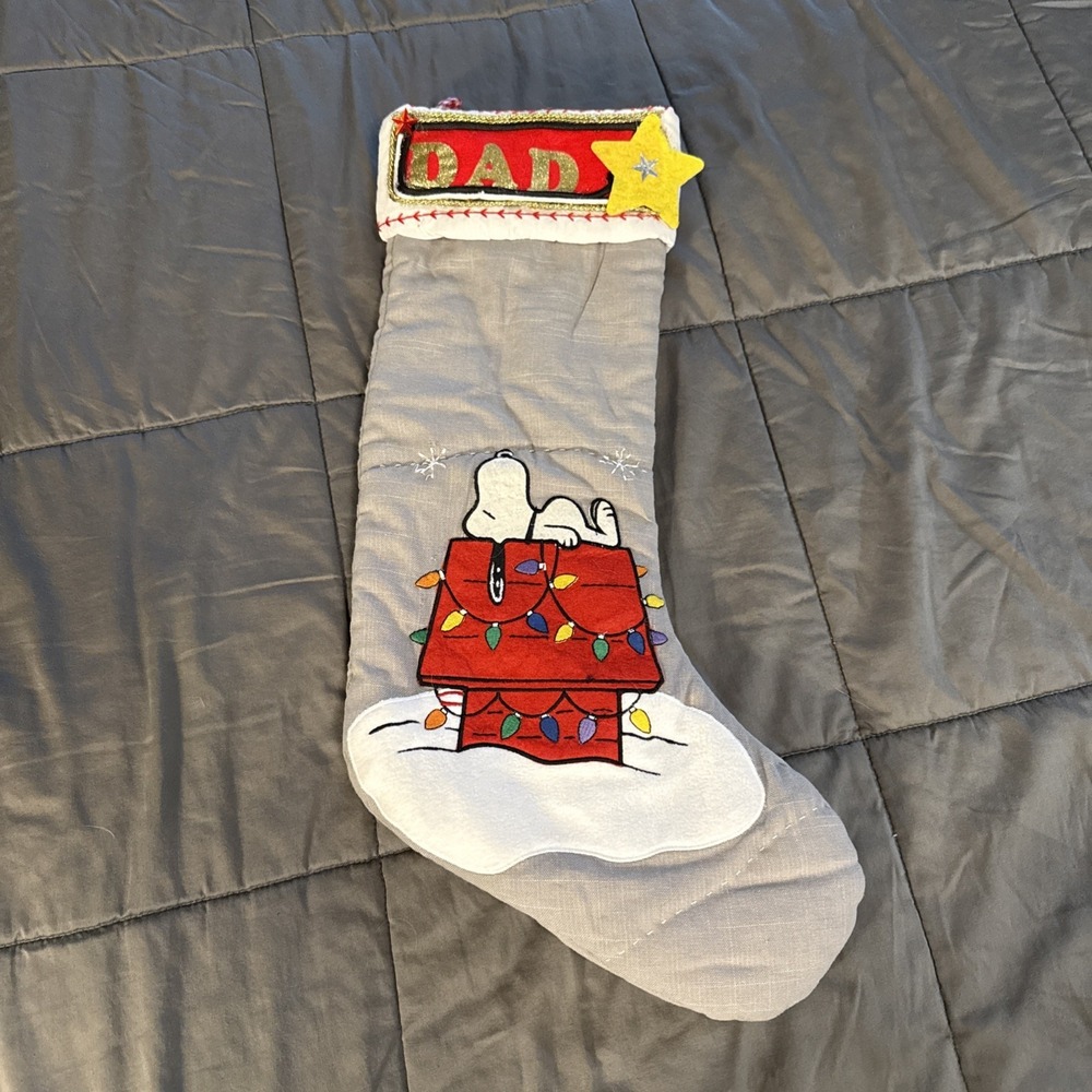 Pottery Barn Kids Gray Stocking Peanuts Snoopy with Doghouse Personalized "Dad"